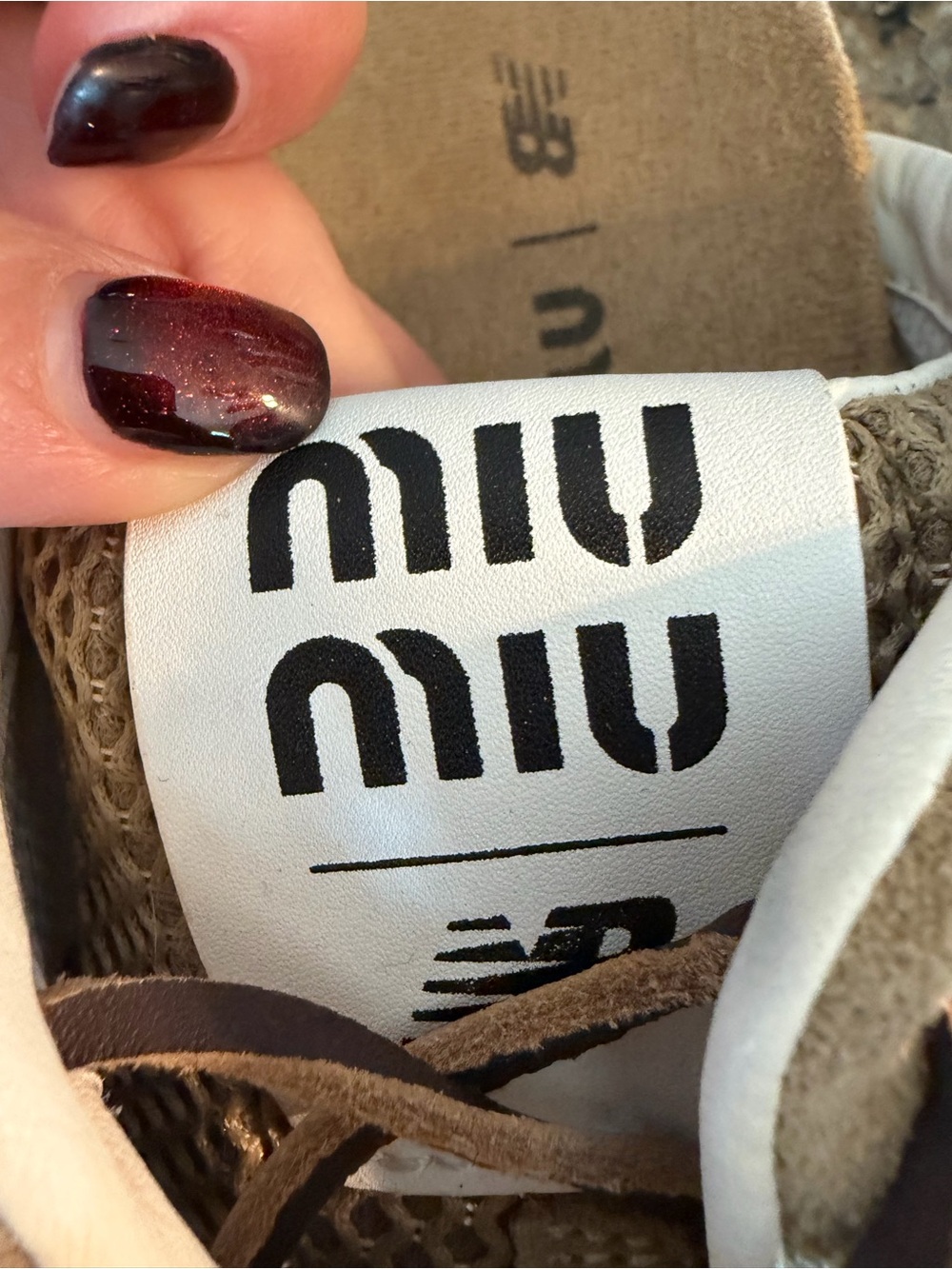 Miu Miu x New Balance Beige Suede Mesh Sneaker Clogs with Green Accent Laces - Picture 7 of 8